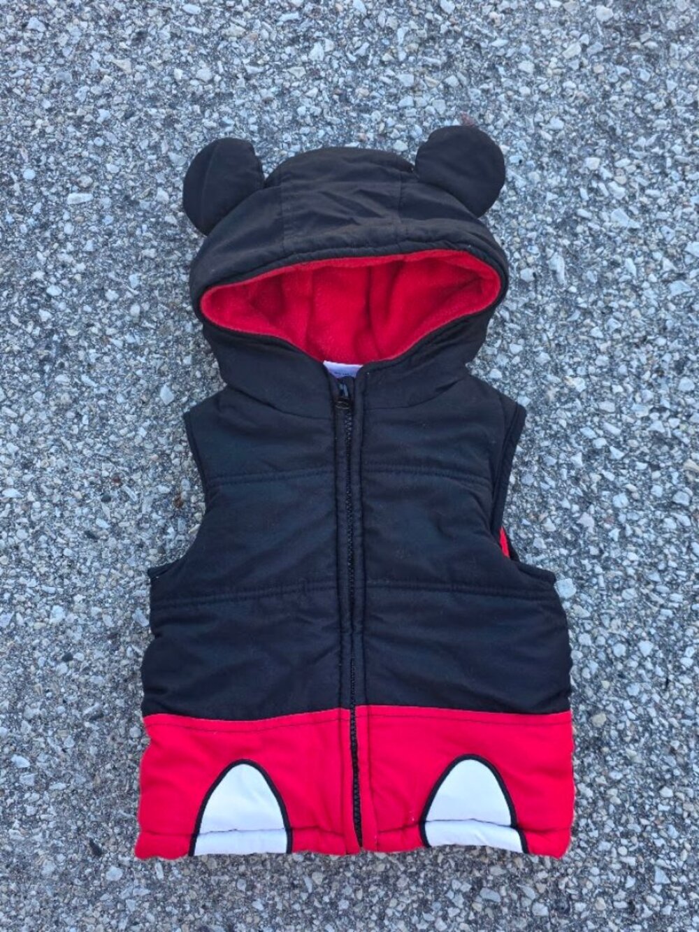 Disney Mickey Mouse Toddler 3T Hooded Puffer Vest Black Red Fleece Lined